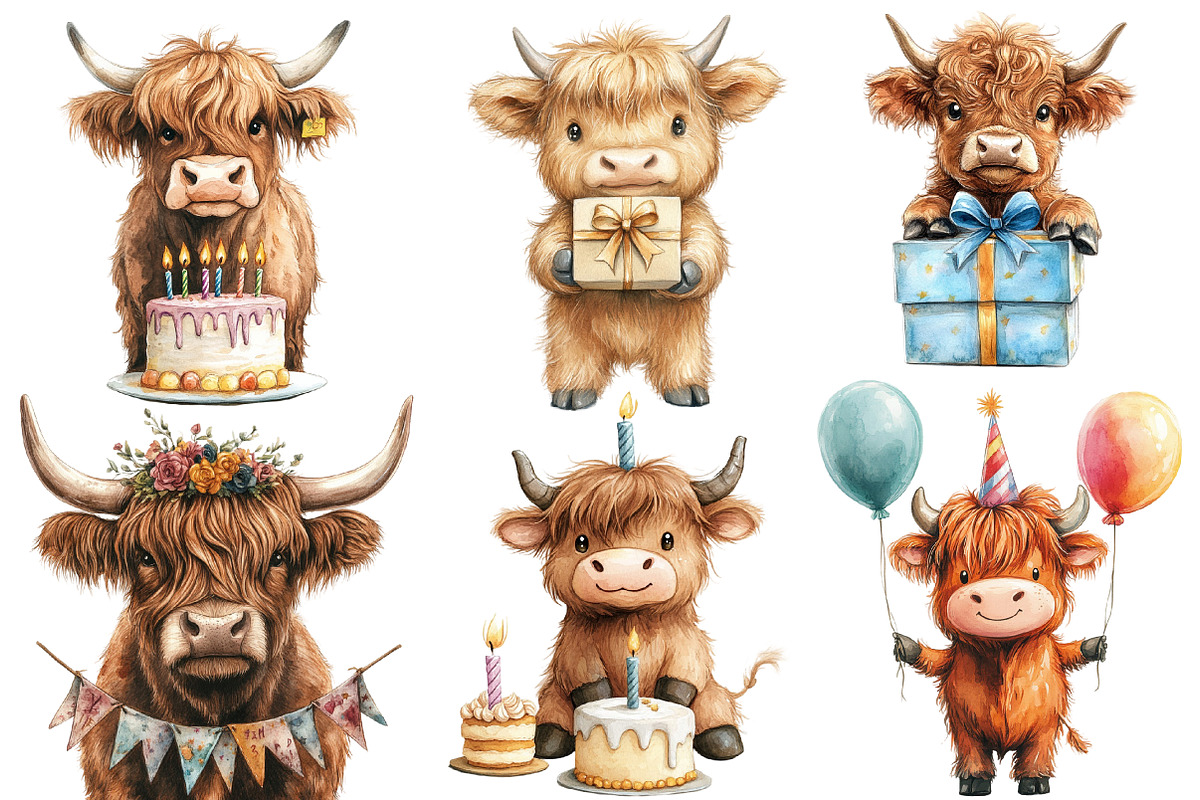Birthday Highland Cow Clipart, an Illustration by Designworld (Photo 2 of 8)