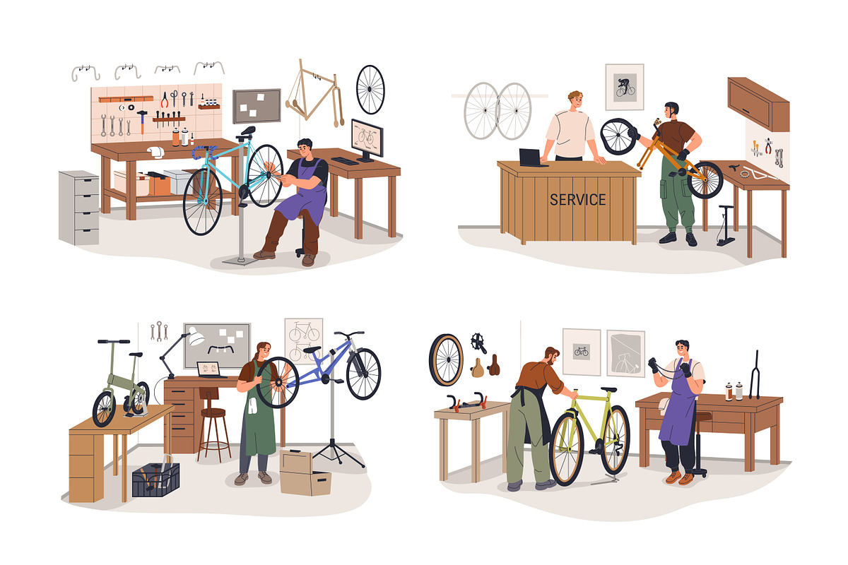 Bicycle repair service. Bike fixing, a Transportation Illustration by Good Studio (Photo 1 of 5)
