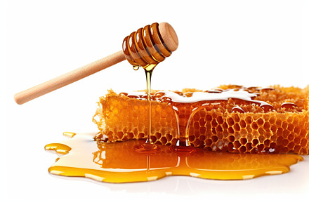 Honeycomb with honey and honey dipper on white background, a Food & Drink Photo by AlyaAnd