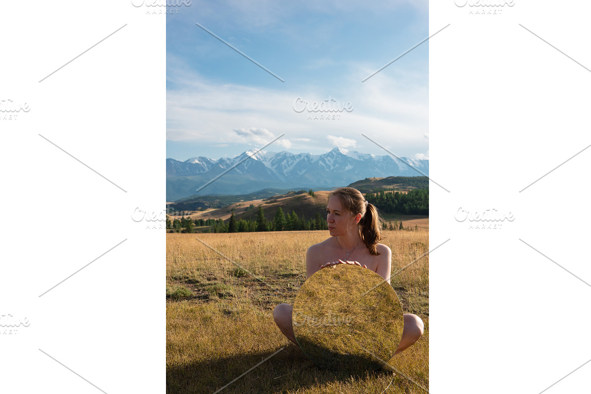 Woman in blue dress in summer Altai, a Graphic by Jan Jack Russo Media
