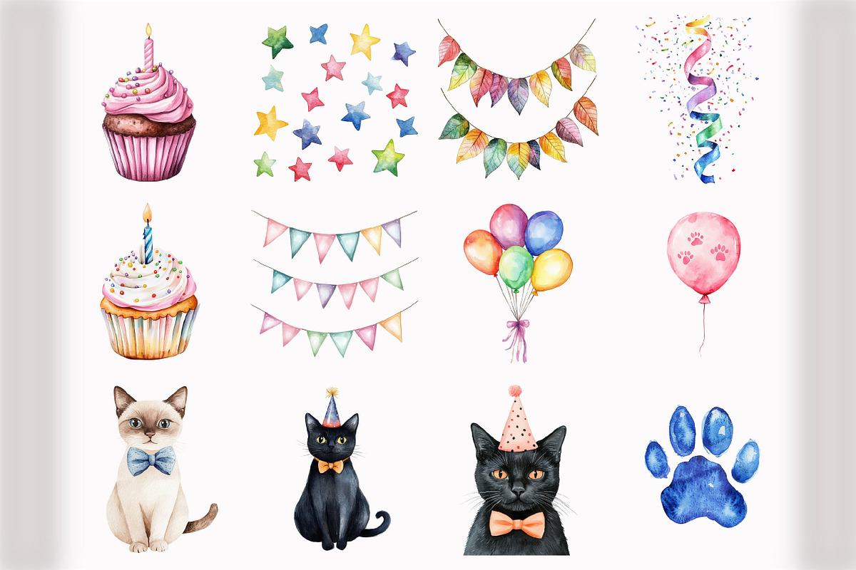 Watercolor Cats Birthday Clipart, an Illustration by Design Market (Photo 4 of 5)