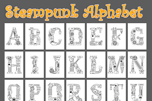 Steampunk Font. Alphabet Coloring