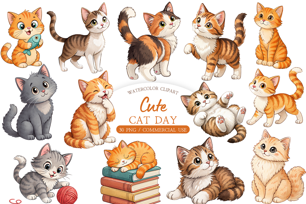 Cute Cats Clipart Watercolor PNG, an Object Illustration by MockupWizard (Photo 1 of 5)