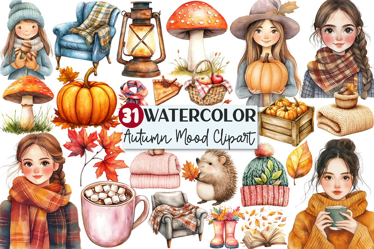 Watercolor Autumn Mood Clipart, an Illustration by Rose Art (Photo 1 of 4)