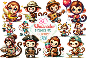 Watercolor Monkey Sublimation Clipar, an Illustration by DreamCafeArt