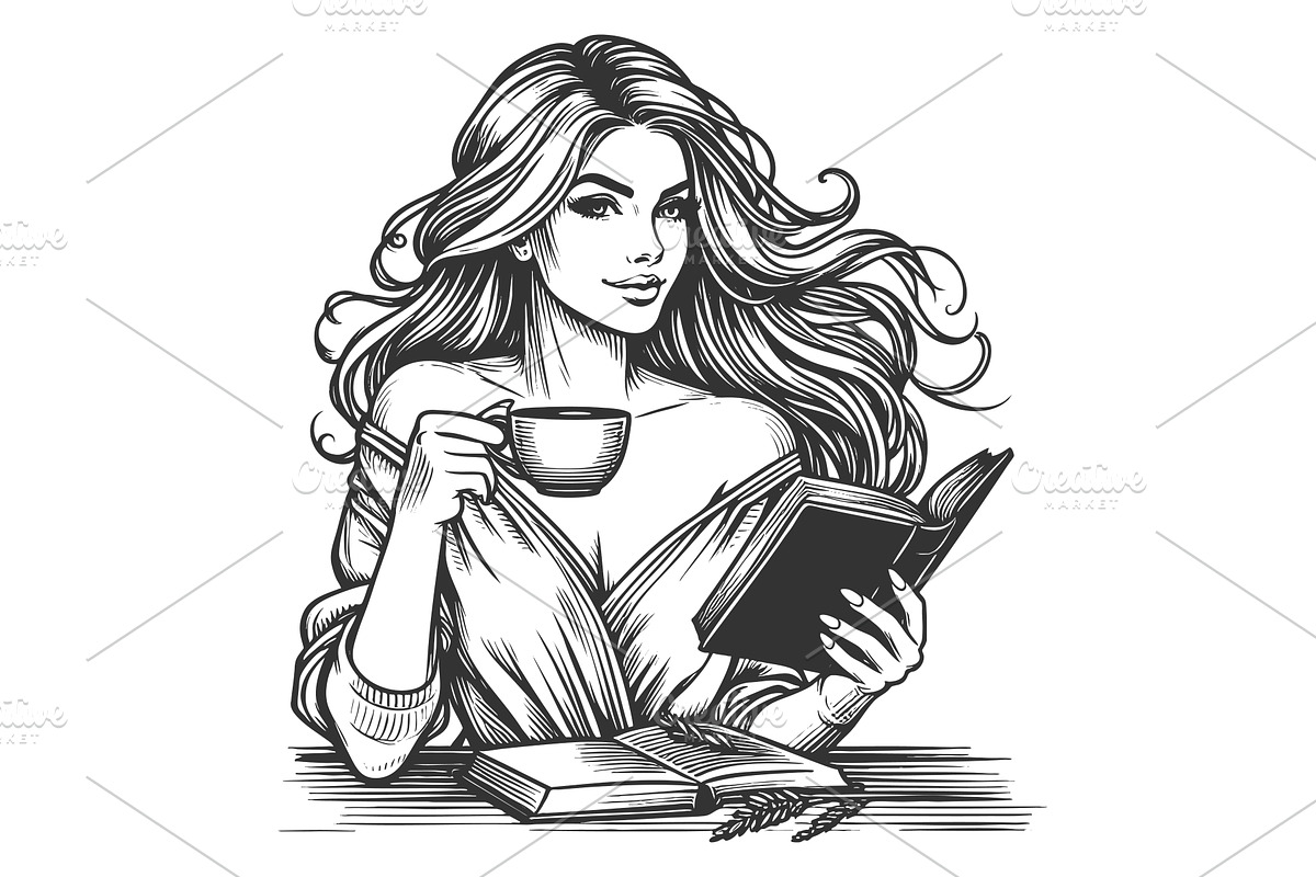 Woman Reading Book and Drinking, a Person Illustration by AlexArt