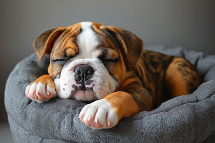 Adorable, sleeping brindle bulldog puppy nestled in a cozy gray bed, radiating, an Animal Photo by ImageMir