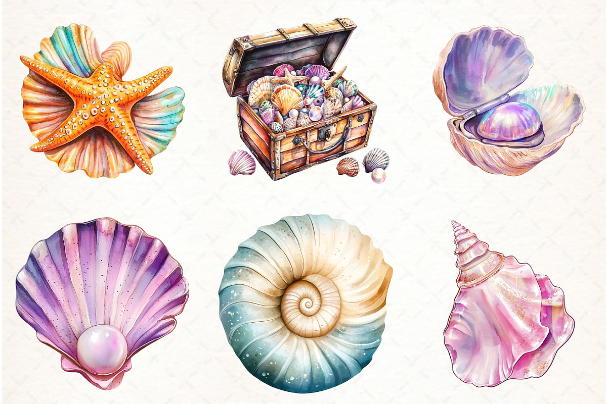 Watercolor Summer Seashell Clipart, an Illustration by Watercolor design (Photo 3 of 4)