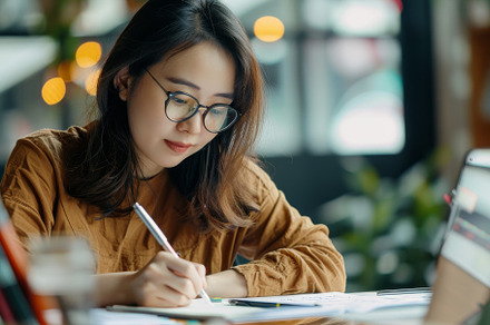 Asian woman in glasses focused on wr, a Photo by Iftikhar Alam