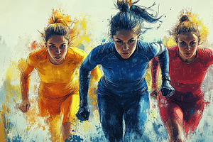 Three determined female athletes sprinting forward in a dynamic competition sce, an Illustration by AS photostudio