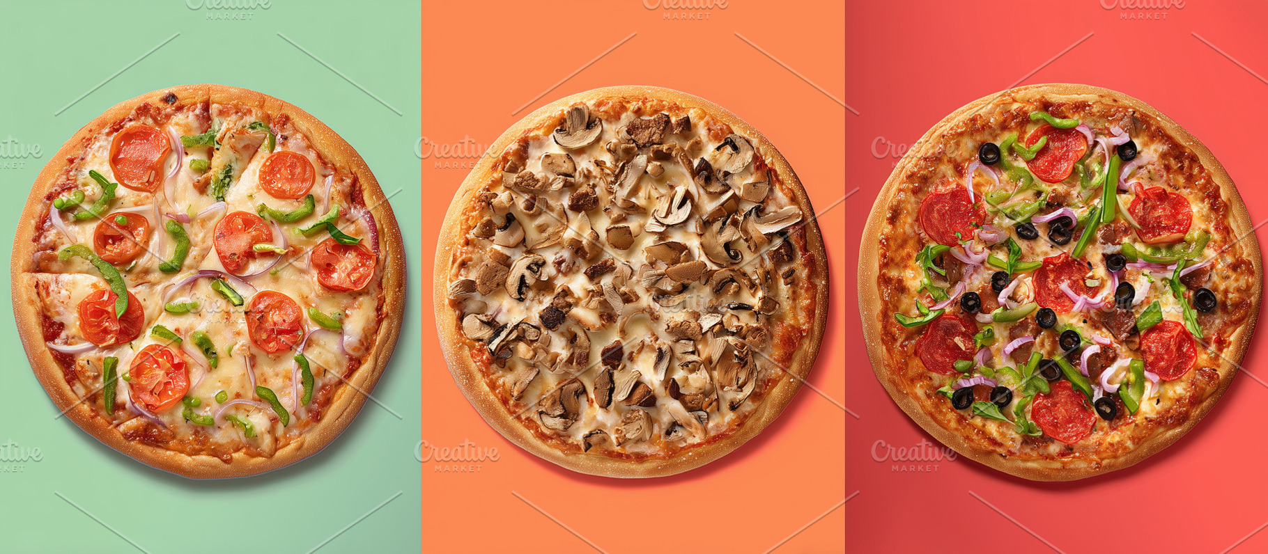 Vibrant trio of delicious pizzas, a Food & Drink Photo by MistyDay