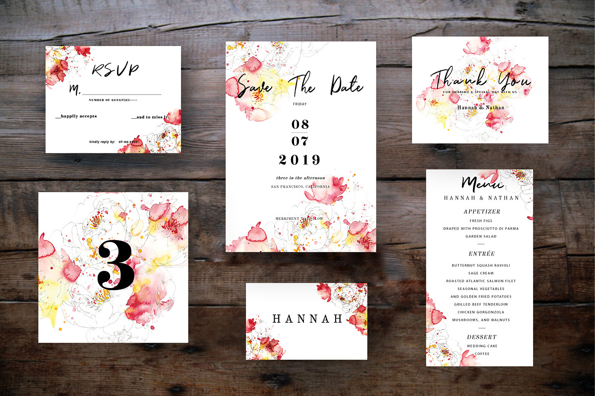 watercolor 8 peonies wedding cards, an Invitation Template by TurquoiseDesign (Photo 2 of 7)