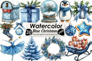 Watercolor Blue Christmas Clipart, an Illustration by Black Bird Studio