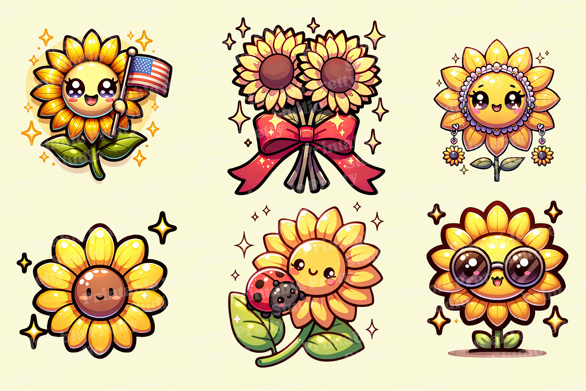 Kawaii Sunflower Clipart PNG Set, an Object Illustration by Printable Pretty Studio (Photo 4 of 4)