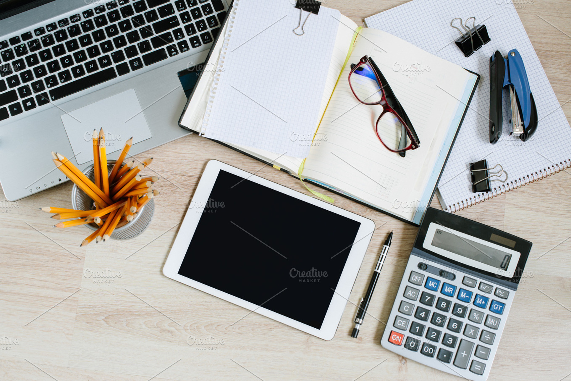 Work office desk table with laptop, tablet, open calendar and calculator. Top  view with copy space,, image size:1820x1214