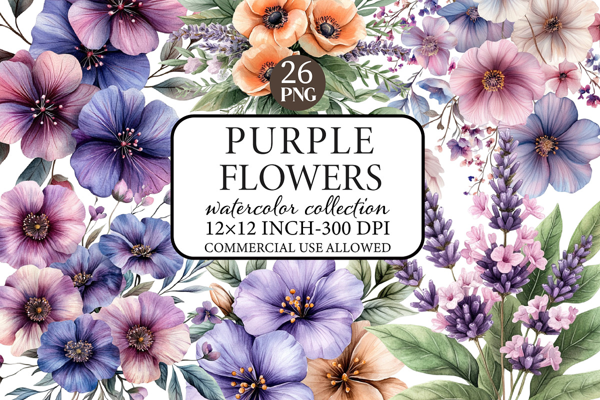 Watercolor Purple Flowers Clipart, an Illustration by Libby Wishes