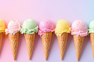 Ice cream cones in a row on playful, a Food & Drink Photo by MistyDay
