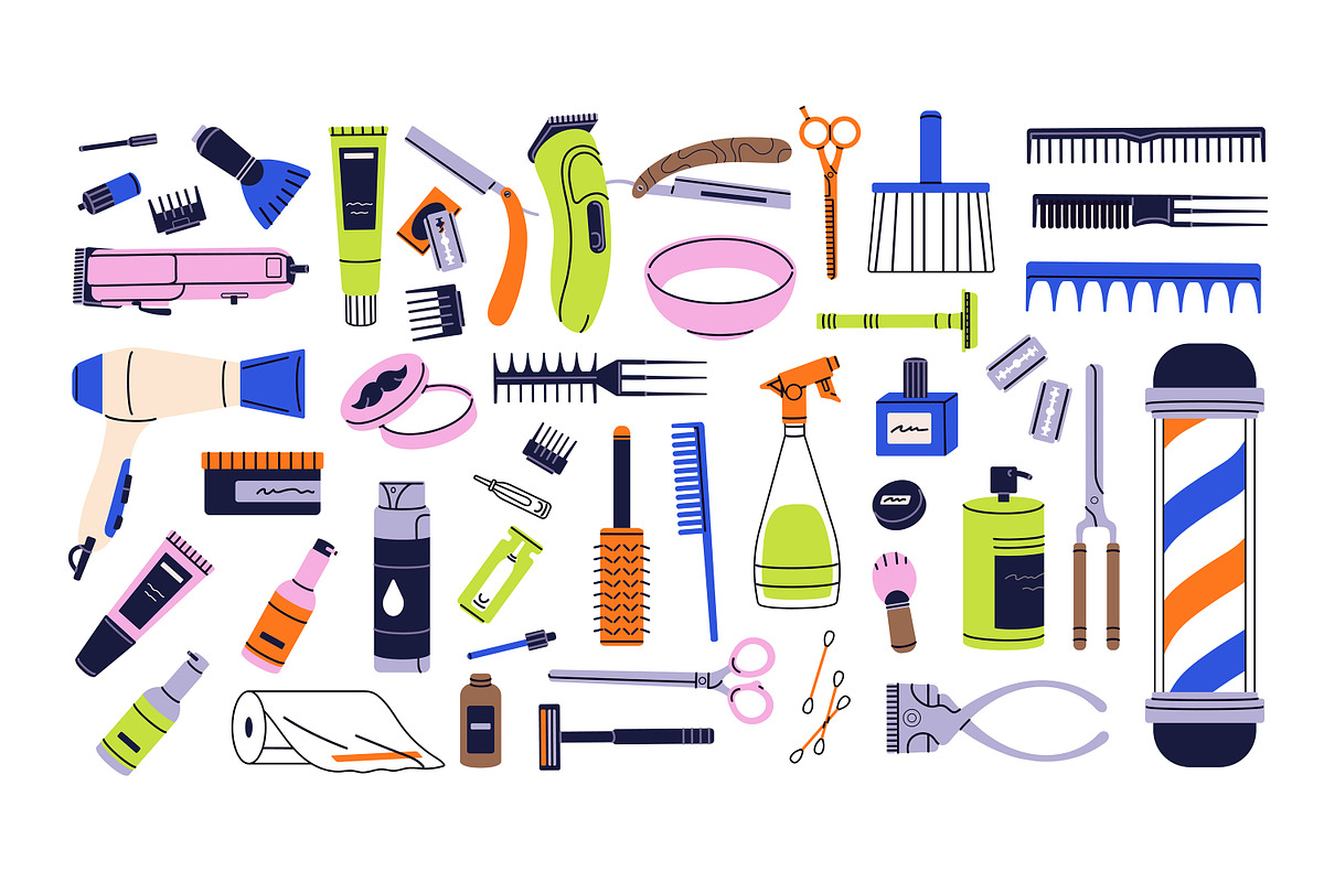 Barbers' equipment set, backgrounds, an Object Illustration by PaperTrident (Photo 1 of 5)