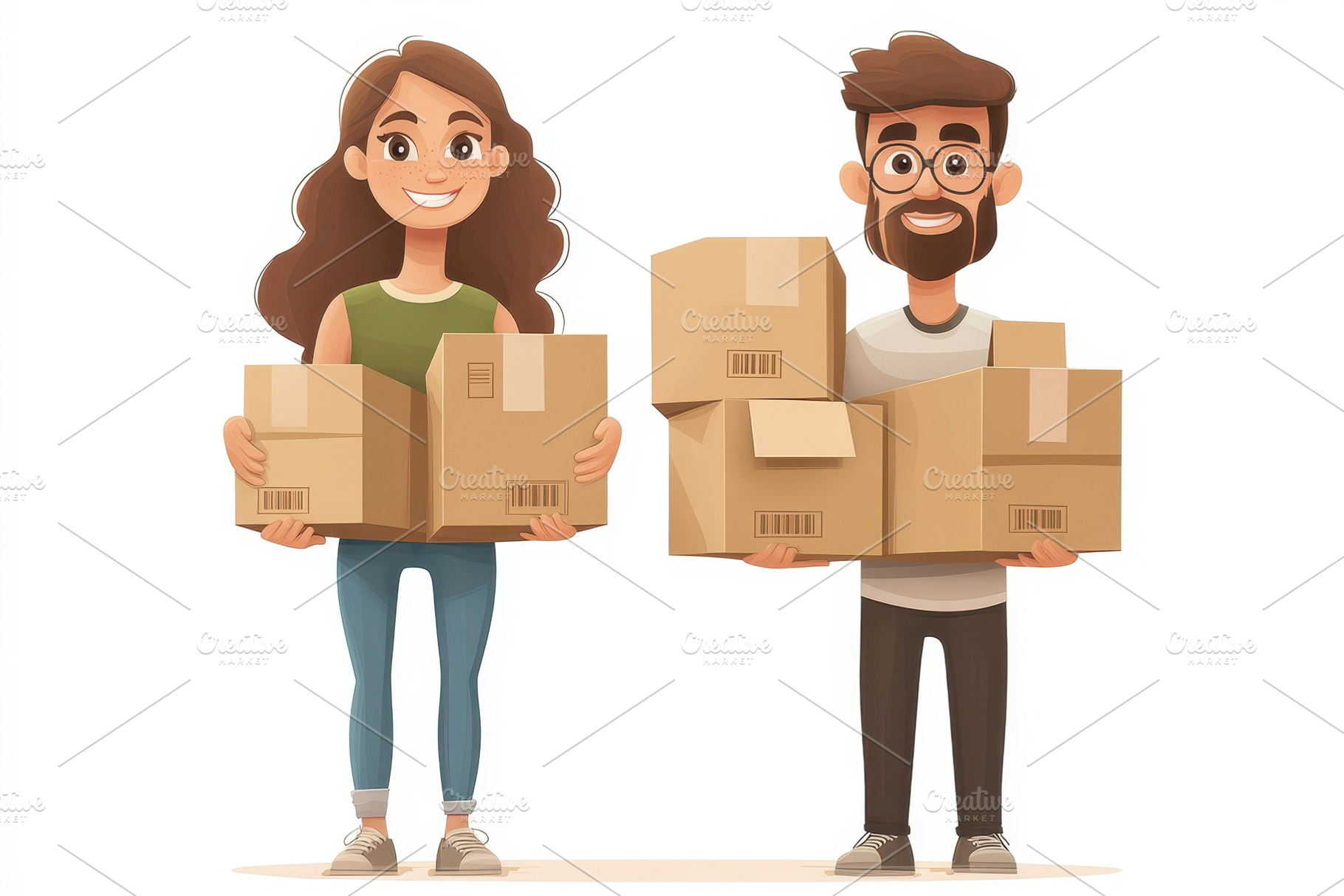 Couple carrying cardboard boxes in a, a Photo by Tanuart