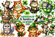 Watercolor St. Patrick's cat Clipart, an Illustration by DreamCafeArt (Thumbnail 1 of 4)