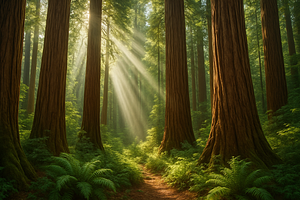 Sunlight Through Giant Redwood Trees, a Nature Photo by Design_Planet