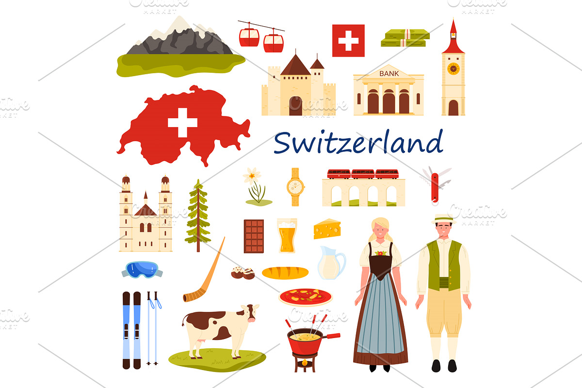 Travel to Switzerland set, Swiss, an Animal Illustration by Flashvector