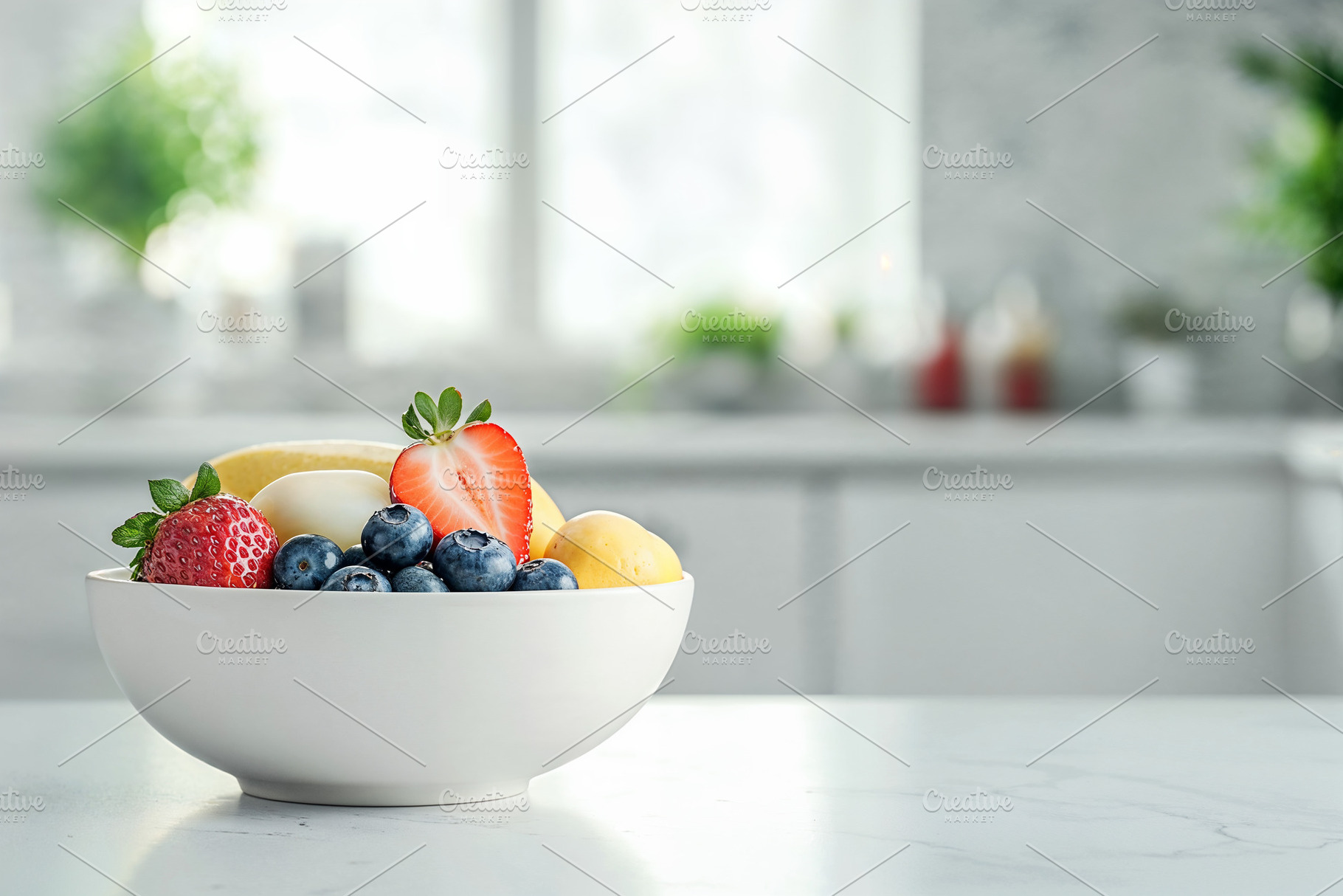 Fresh fruit bowl displayed on a kitc, a Food & Drink Photo by OSORIOartist