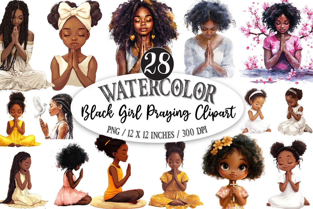 Black Girl Praying Clipart, a Seasonal Illustration by Designking (Photo 1 of 5)