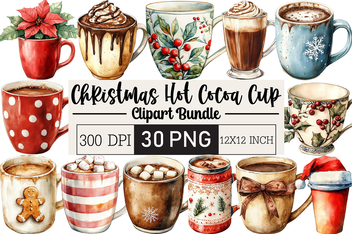 Cute Christmas Hot Cocoa Cup Clipart, an Illustration by Black Bird Studio (Photo 1 of 6)
