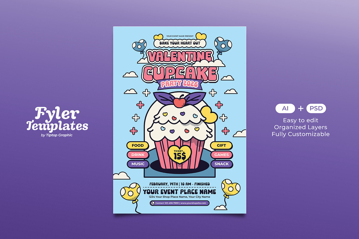Retro Valentine Cupcake Flyer, a Flyer Template by Tiptop Graphic (Photo 1 of 5)