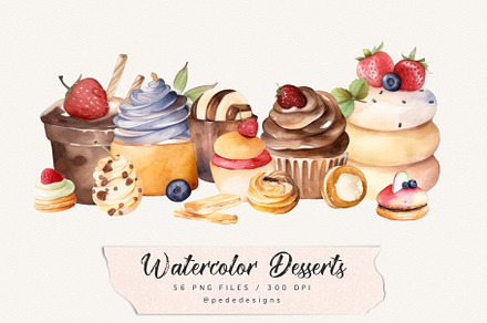 Watercolor Desserts, a Food Illustration by PeDe Designs