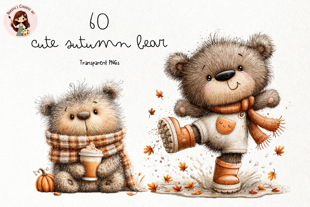Cute Autumn Bear PNG Clipart Bundle, a Seasonal Illustration by Nicolle's Colorful Art (Photo 1 of 5)