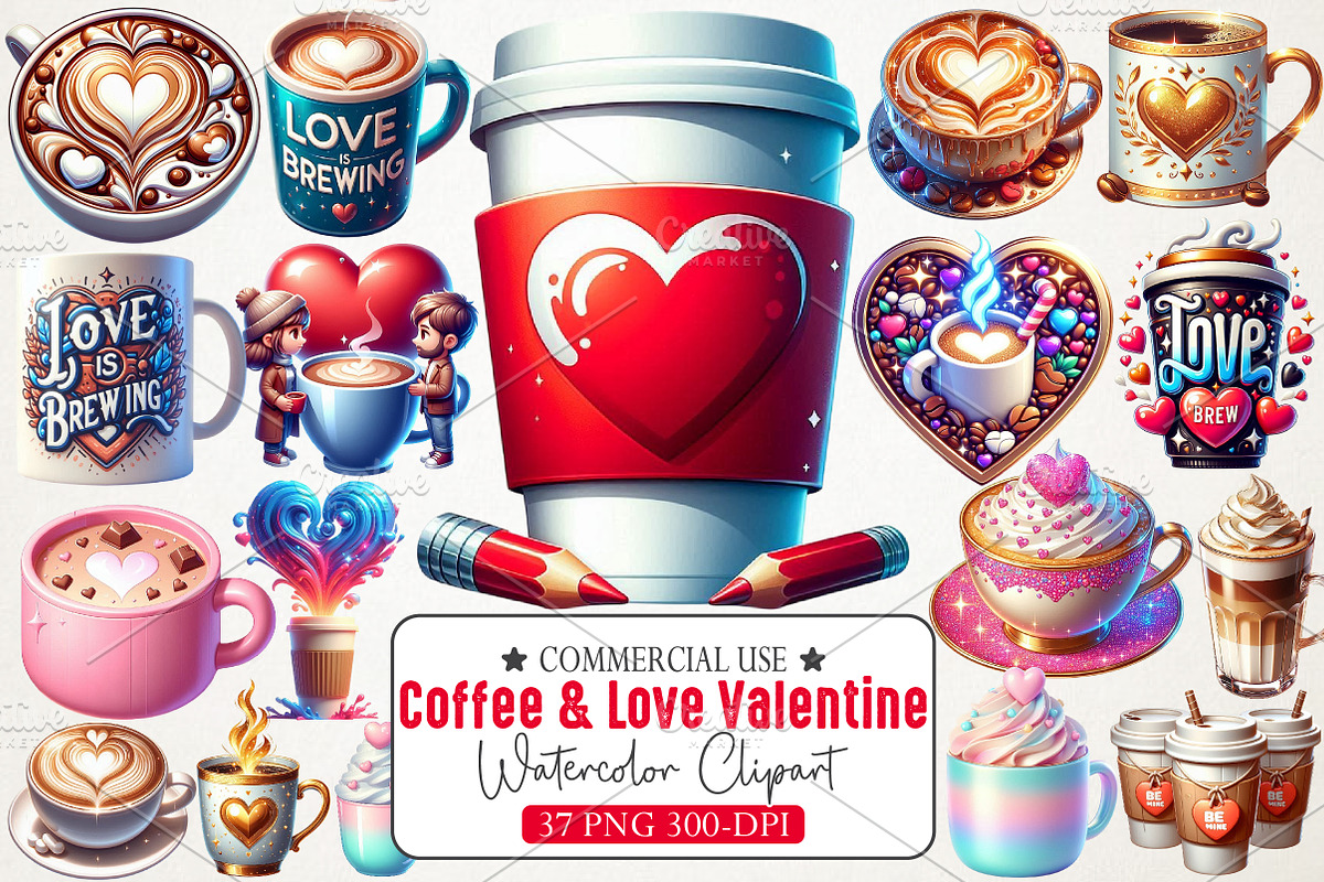 Coffee & Love Valentine Clipart Set, an Illustration by RobertsArt (Photo 1 of 7)