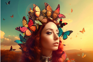 Woman Head Butterflies Sunset