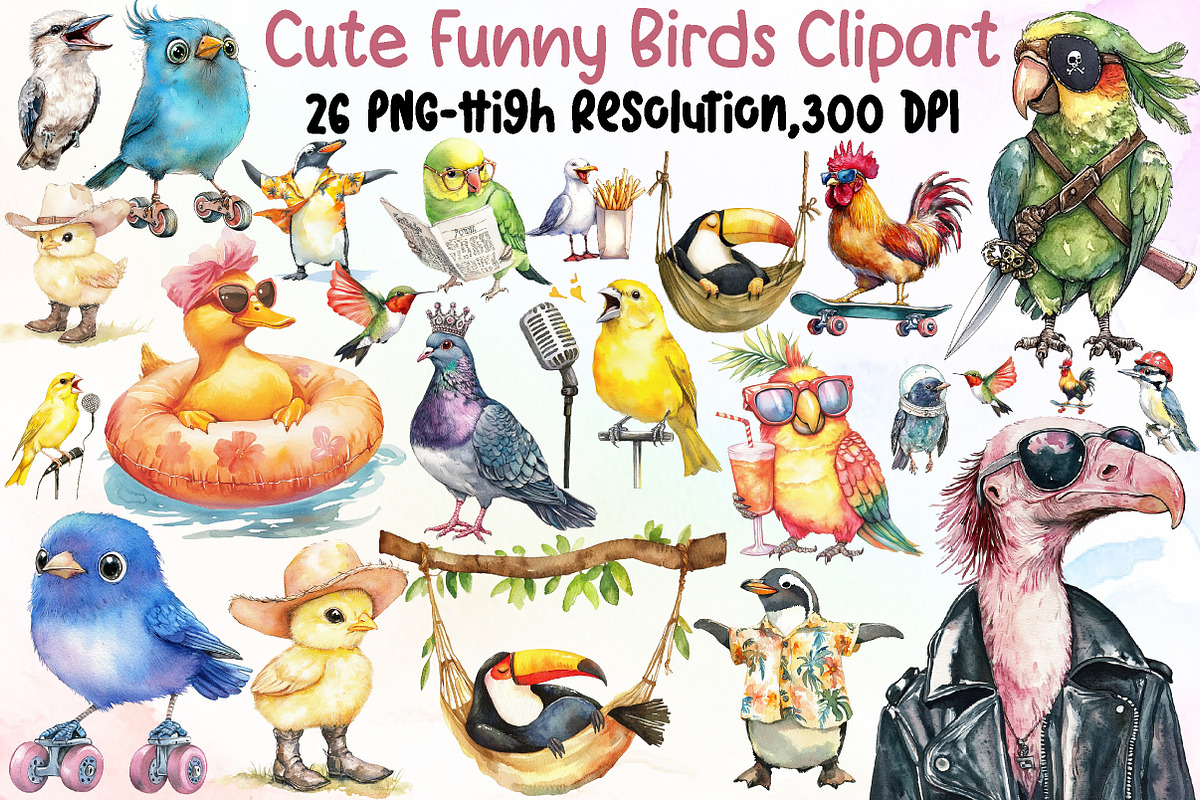 Watercolor Cute Funny Birds Clipart, an Illustration by Sublimation Artist (Photo 1 of 6)