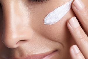 Woman gently applies moisturizer, a Beauty & Fashion Photo by MistyDay