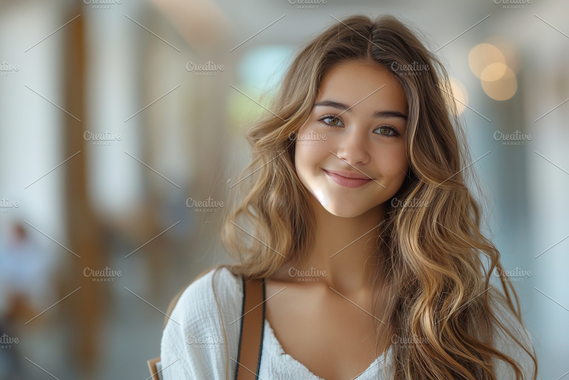 Smiling young woman with long wavy hair, exuding warmth in a softly lit indoor, a Person Photo by ImageMir