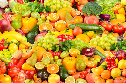 Background of fresh fruits and vegetables, a Food & Drink Photo by Serg64