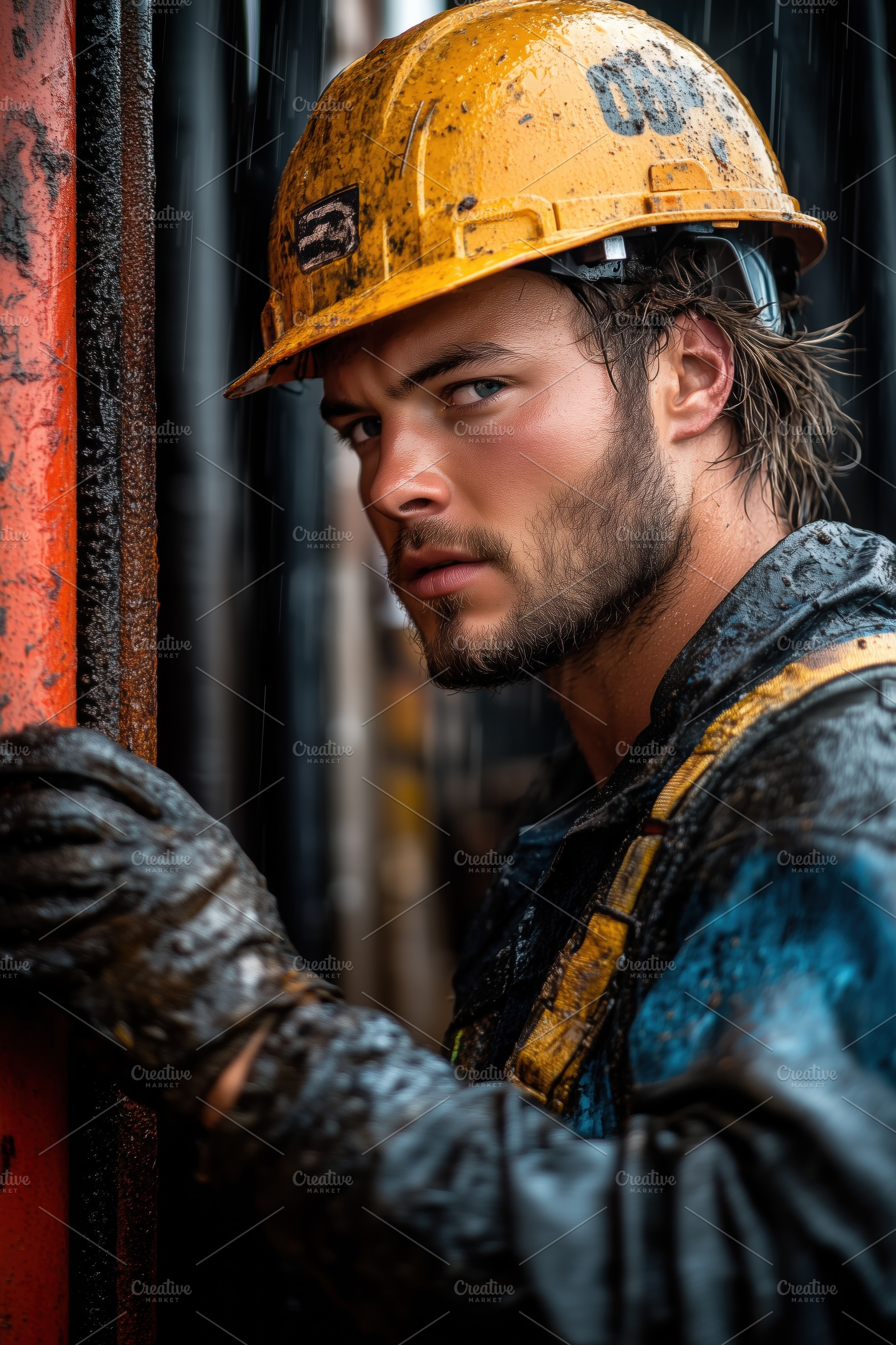 A well testing operator rugged male worker in a yellow hard hat, covered in dir, a Person Photo by Textures & Backgrounds