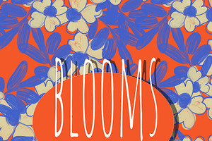 Vibrant bold blue orange blooms leaf, a Pattern Graphic by Nocito Design