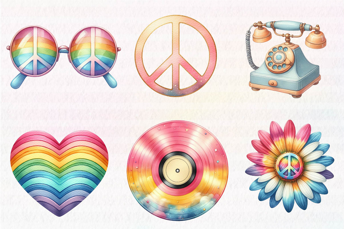 Kawaii 60s Groovy Clipart Bundle, an Illustration by CreationArt (Photo 2 of 5)