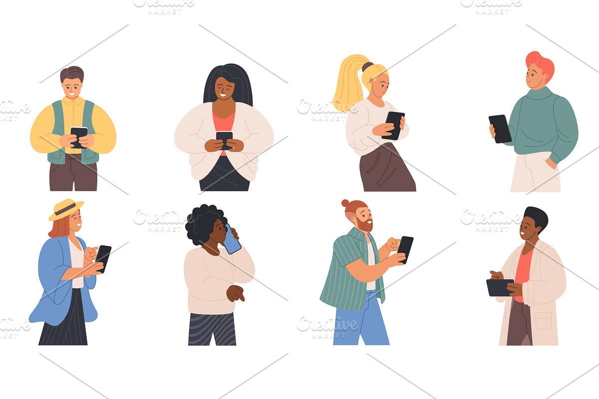 People mobile phones happy sad, a Person Illustration by Lemberg Vector
