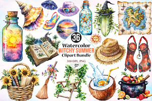 Watercolor Witchy Summer Clipart PNG, a Seasonal Illustration by Canvas Craft