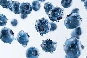 Ripe blueberries flying in the air on white background, a Food & Drink Photo by AlyaAnd