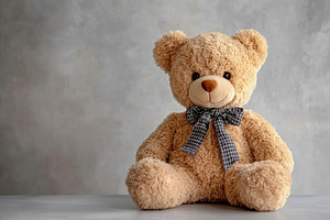 Plush teddy bear seated against a soft pastel grey background with a cute bow, a Beauty & Fashion Photo by AlyaAnd