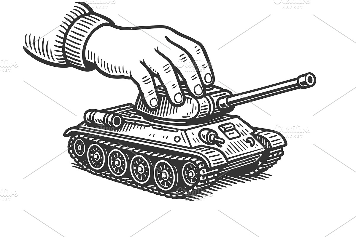 child hand plays toy tank vector, an Illustration by AlexArt