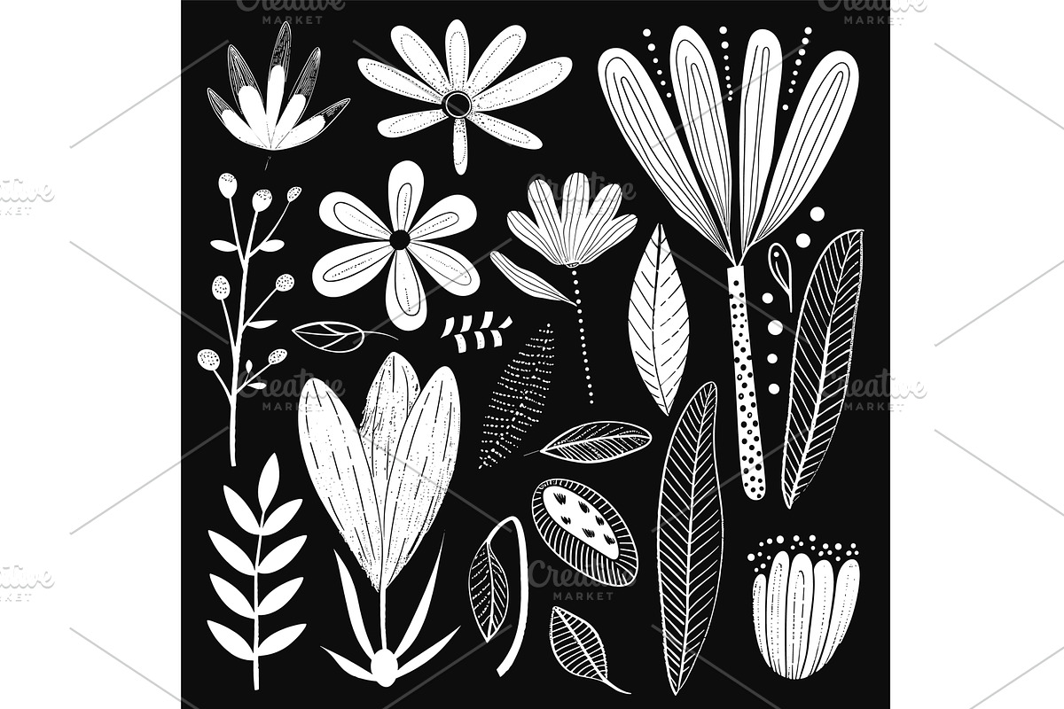 Collection handdrawn flowers leaves, an Illustration by Vectorstockersland