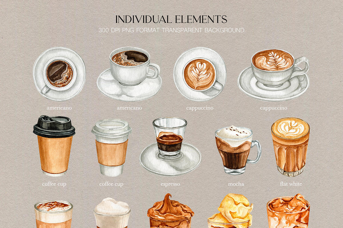 Coffee Watercolor Collection, a Food Illustration by CrystalinaShop (Photo 2 of 6)
