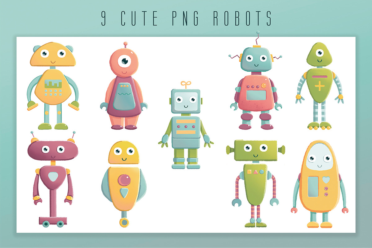 CUTE ROBOTS hand drawn clipart set, an Animal Illustration by Alina Mubarak (Photo 2 of 11)