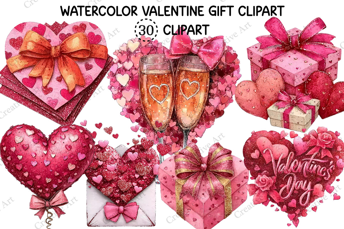 Watercolor Valentine Gift Clipart, an Illustration by Creative Art (Photo 1 of 9)